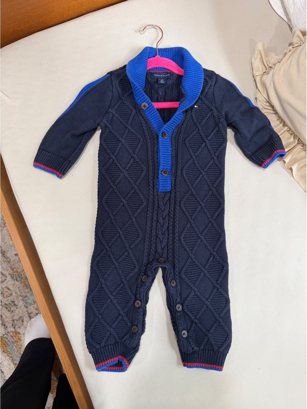 Tommy Hilfiger Baby Boys' 12M Navy Blue Cable Knit One-Piece Sweater Romper with